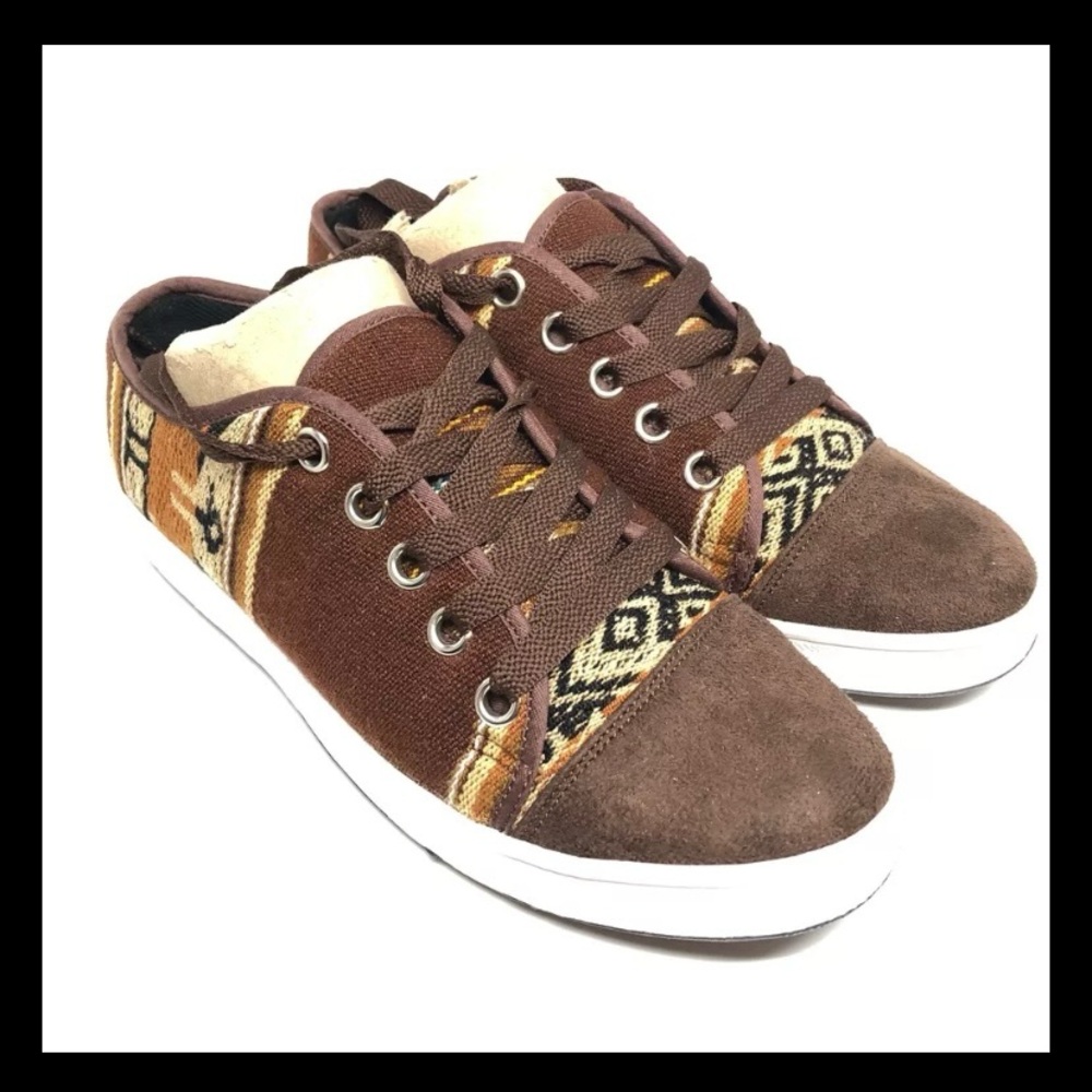 Brown Suede Mexican Blanket Aztec Print Lace-Up Casual Shoe Womens 6
